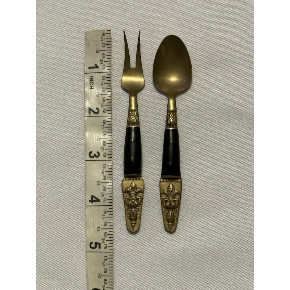 Vintage Serving Set Fork and Spoon Samran Thailand Nickel Bronze 4 1/2”